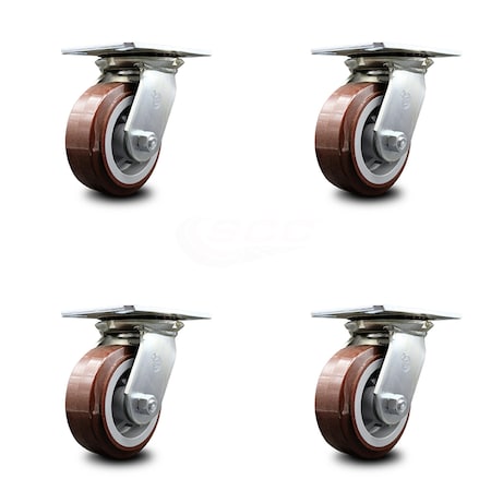 Heavy Duty Large Top Plate Polyurethane on Polyolefin Swivel Caster w/Main. Free Bearings Set of 4 w/5" x 2" Maroon Wheels - Includes 4 Swivel - 3000 lbs Total Capacity - Service Caster Brand
